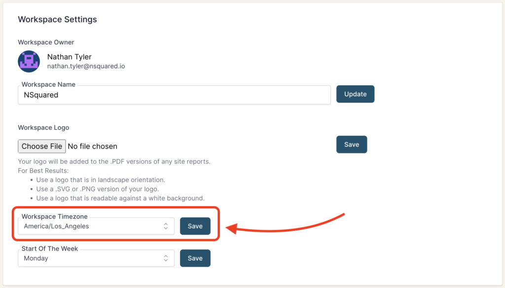 Timezone dropdown within the BlinkMetrics Workspace Settings interface.