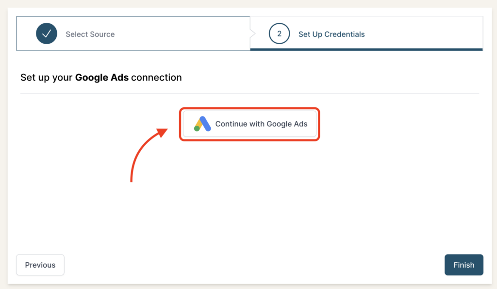 Continue with Google Ads authorization button highlighted in the Set Up Credentials tab.