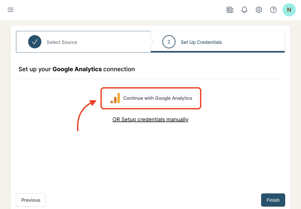 Continue with Google Analytics authorization button highlighted in the Set Up Credentials tab.