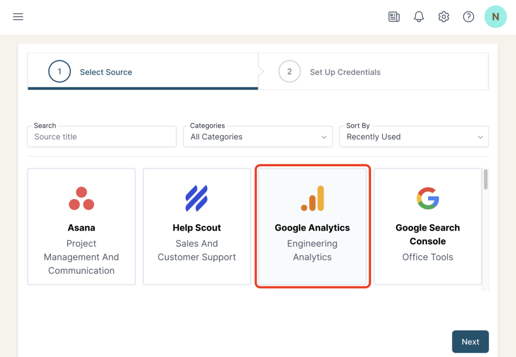 Google Analytics selected as a Source in the Connection stepper interface.