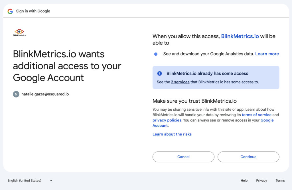 Sign in with Google to authorize BlinkMetrics.