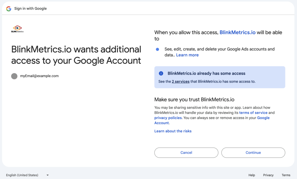 Sign in with Google to authorize BlinkMetrics.